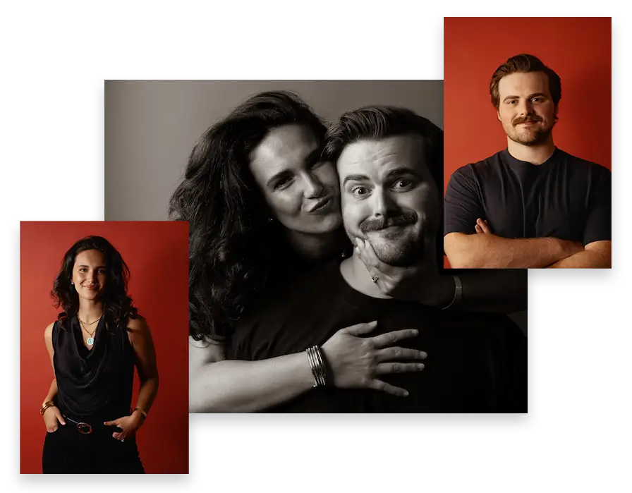 Portrait collage of Rare Breed Co. founders, Chandler and Hannah Nigh, featuring individual and couple photos with red and black backgrounds, showcasing their creative agency’s personality and branding.